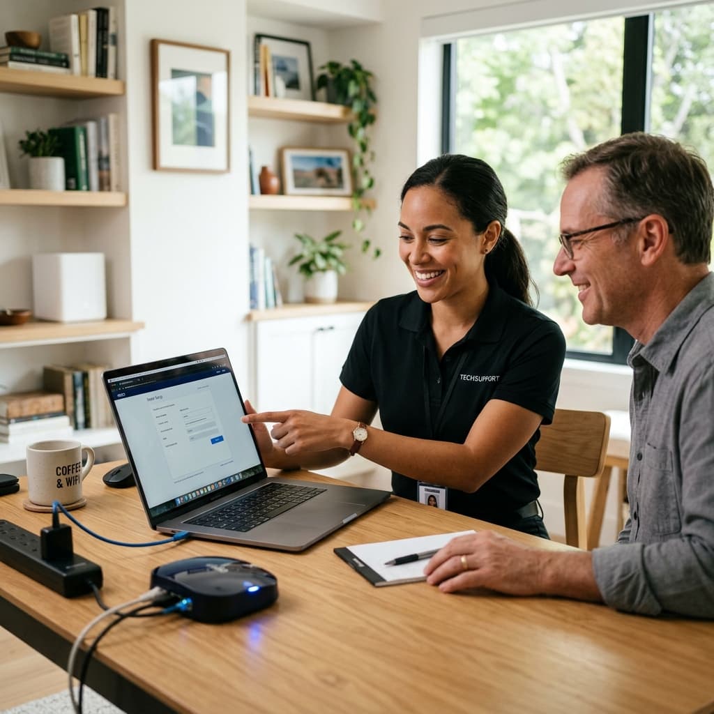 Une technicienne NumeriK's installe et configure un ordinateur portable chez un client